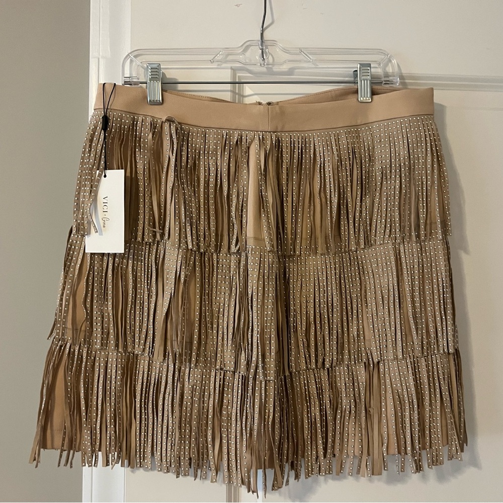 Vici Tan Fringe Mini Skirt with Stud Detailing